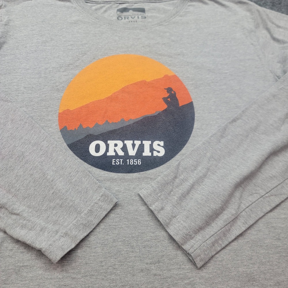 Orvis Mens Large Gray Long Sleeve Graphic T-Shirt Sunset Mountain Hiker 3588